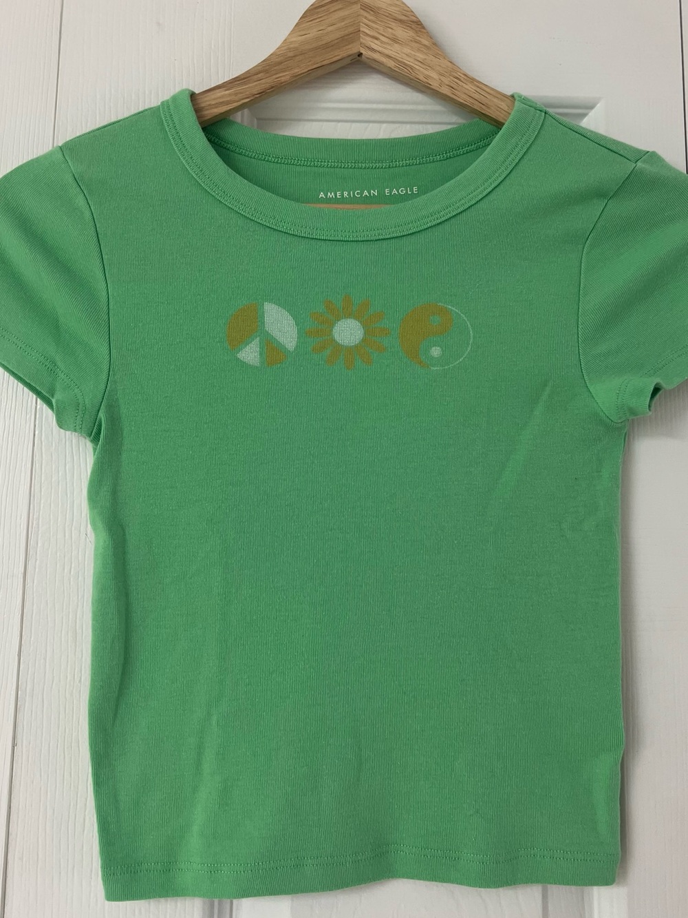 American Eagle Green Baby Tee with Peace Sun Yin-Yang Icons